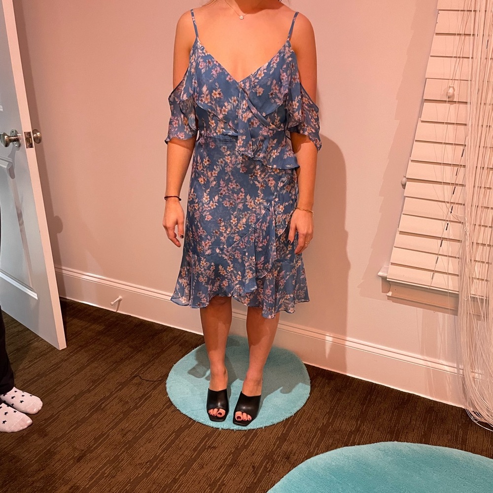 Blue Floral cold shoulder dress.